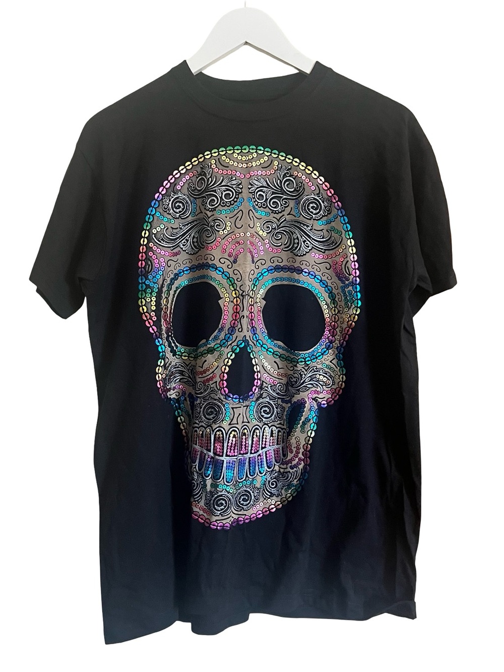 Black Short-Sleeve Tee with Multicolor Foil Skull Graphic